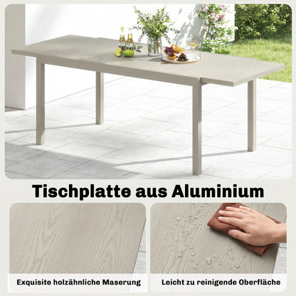 Extendable Garden Table, 60.6–84.3 in x 33.5 in Aluminum Dining Table for 8–10 People, Rectangular Balcony/Patio Table with Wood-Effect Top, Weatherproof — Light Gray