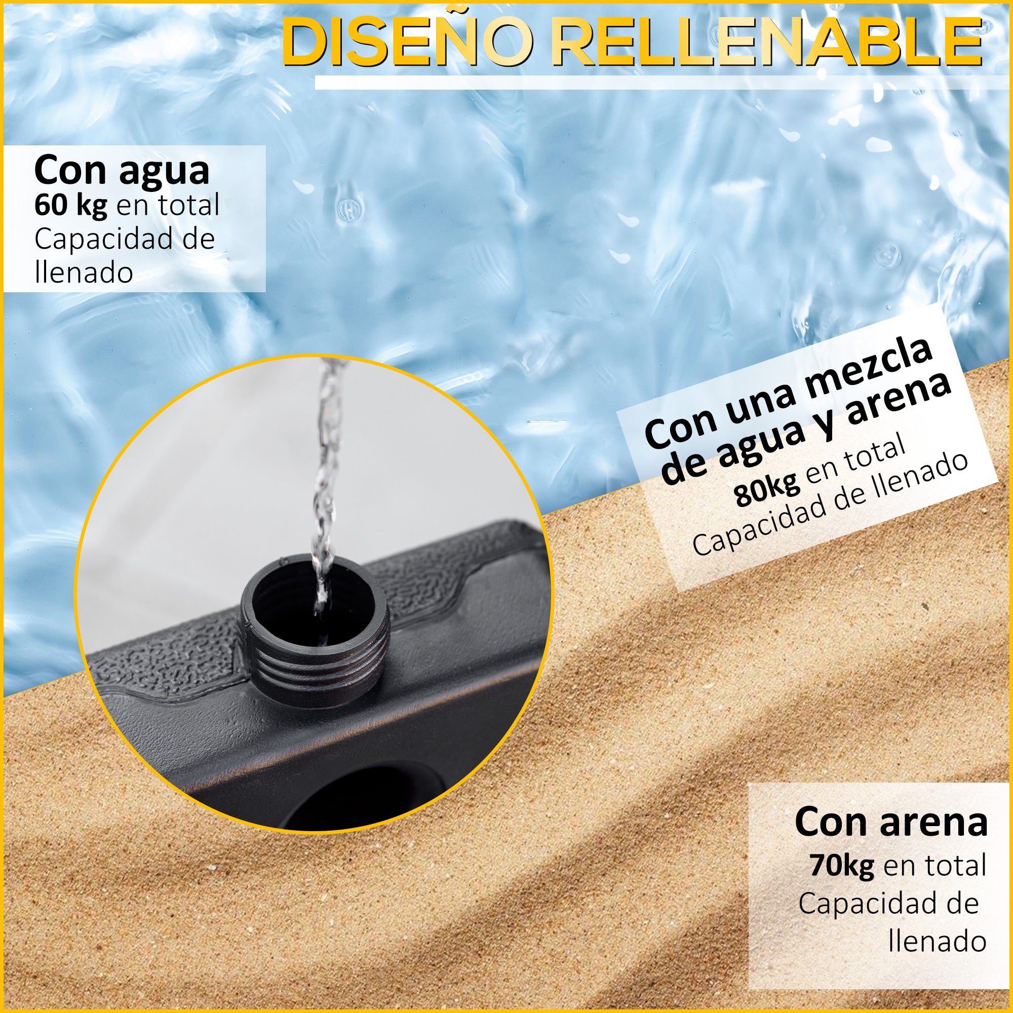 4-Piece Umbrella Base Weight Square Fillable with Water 60 kg Sand 70 kg or Mixed 80 kg for Cross Base Black