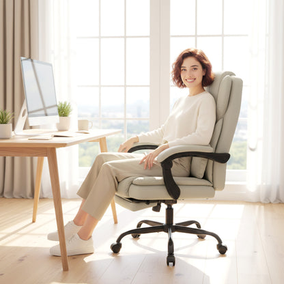 Ergonomic Office Chair with Adjustable Backrest, Retractable Footrest, Padded Faux Leather Swivel Seat, Height Adjustable — Beige
