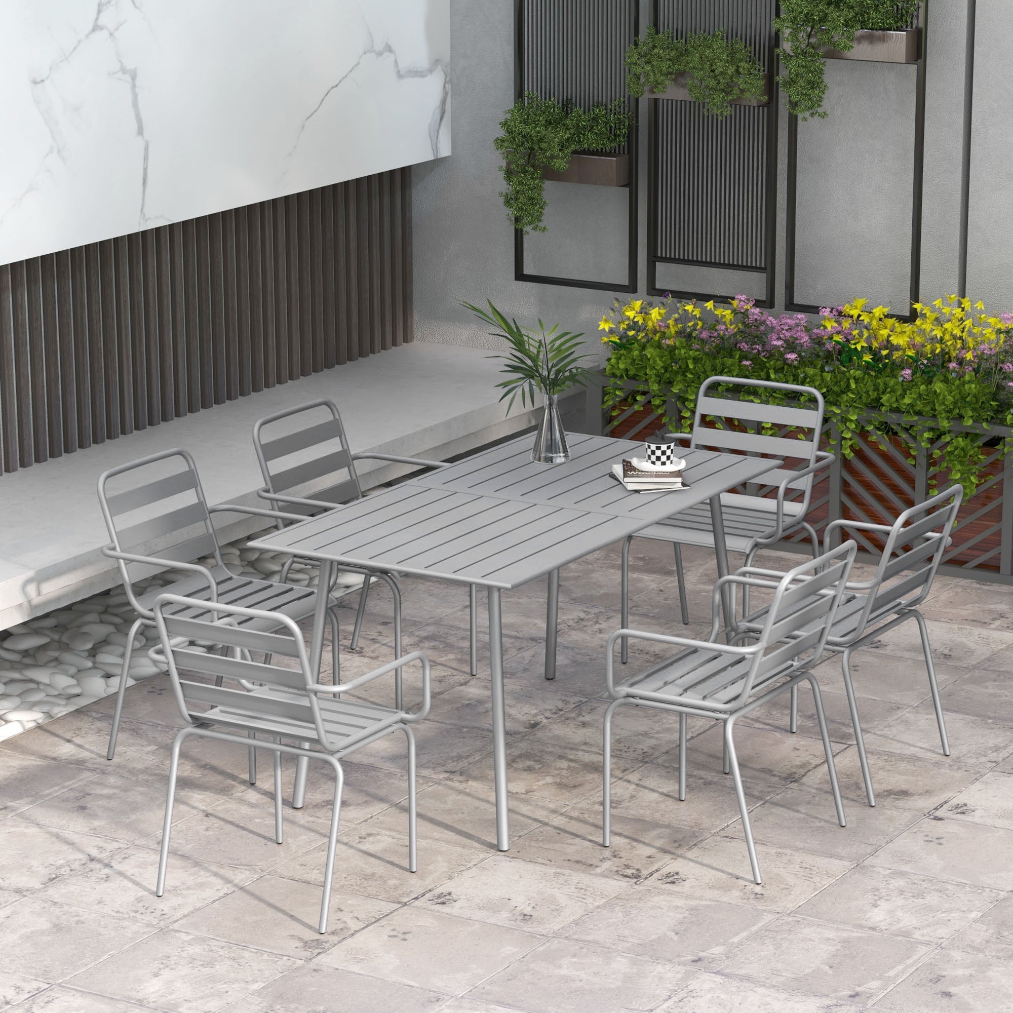7 Piece Dining Set, Patio Furniture Set with 1 Dining Table, 6 Stackable Chairs, Dining Set Outdoor Furniture Set for Balcony, Terrace, Steel, Light Gray