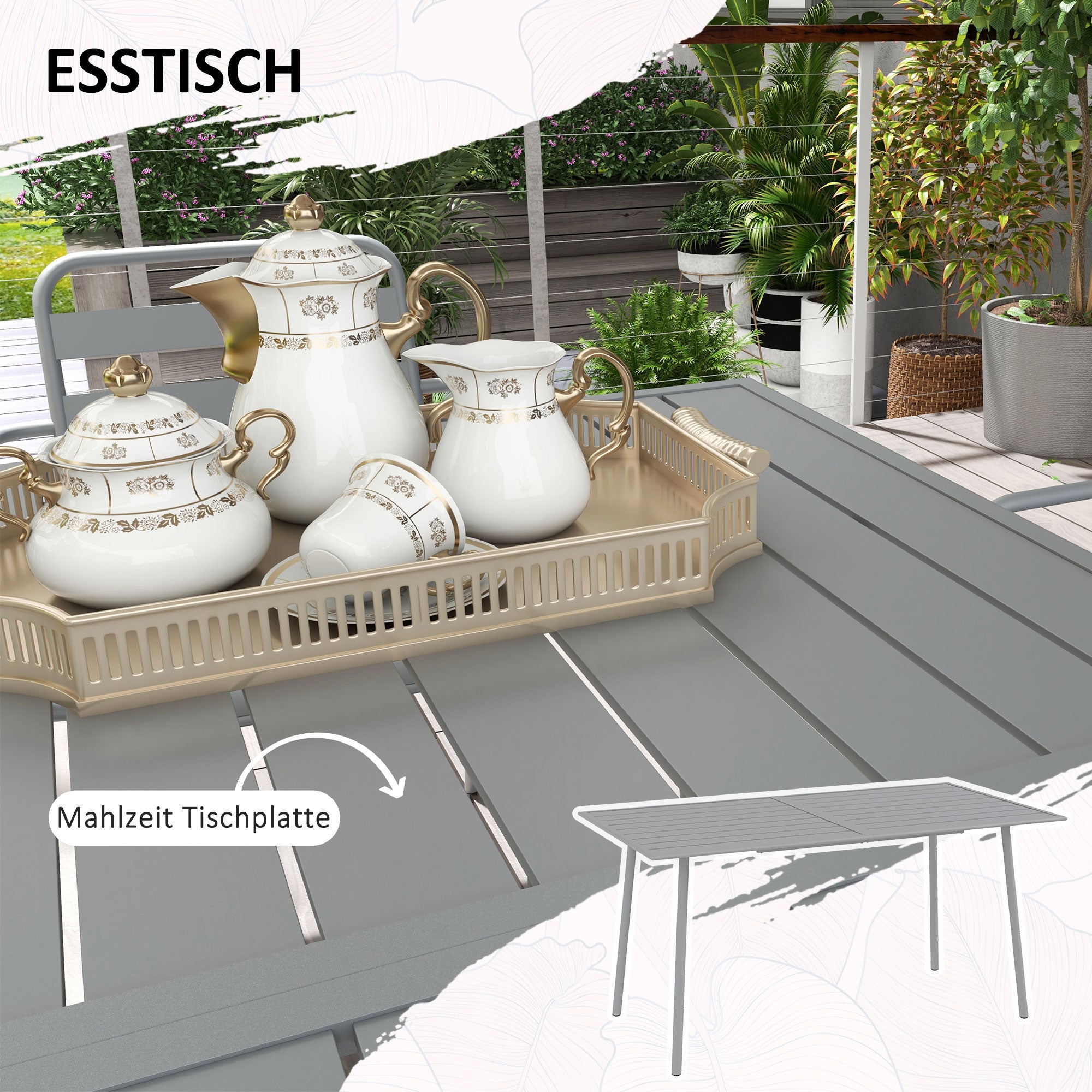 7 Piece Dining Set, Patio Furniture Set with 1 Dining Table, 6 Stackable Chairs, Dining Set Outdoor Furniture Set for Balcony, Terrace, Steel, Light Gray