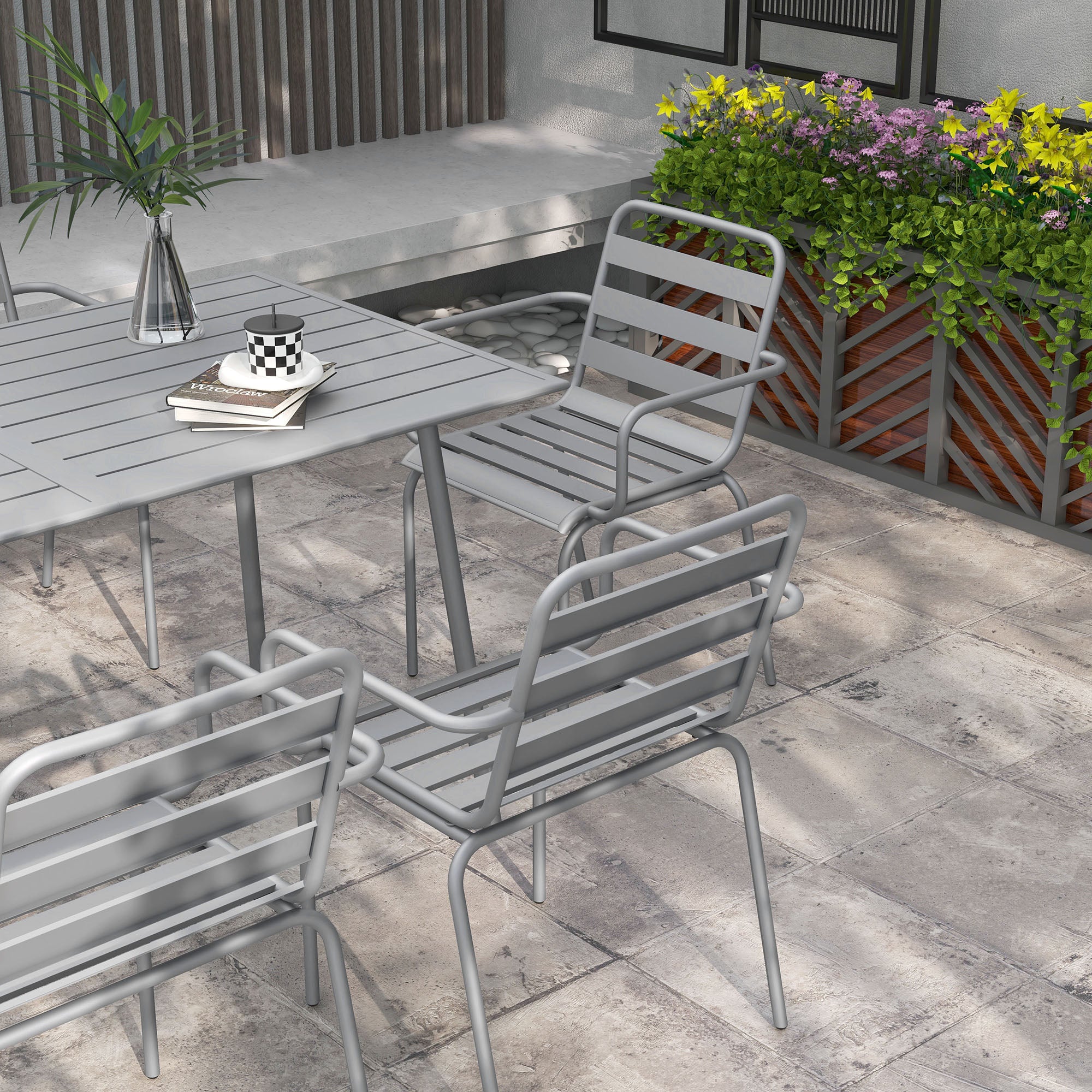 7 Piece Dining Set, Patio Furniture Set with 1 Dining Table, 6 Stackable Chairs, Dining Set Outdoor Furniture Set for Balcony, Terrace, Steel, Light Gray