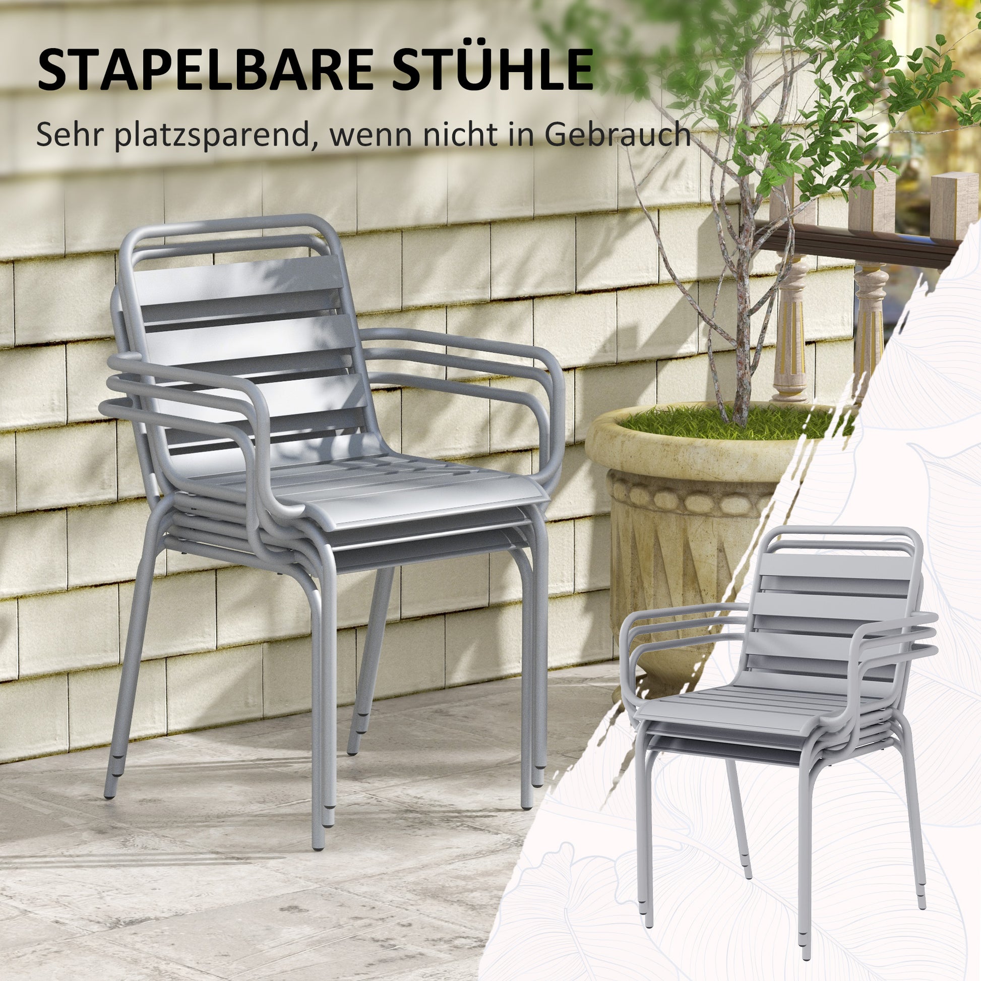 7 Piece Dining Set, Patio Furniture Set with 1 Dining Table, 6 Stackable Chairs, Dining Set Outdoor Furniture Set for Balcony, Terrace, Steel, Light Gray