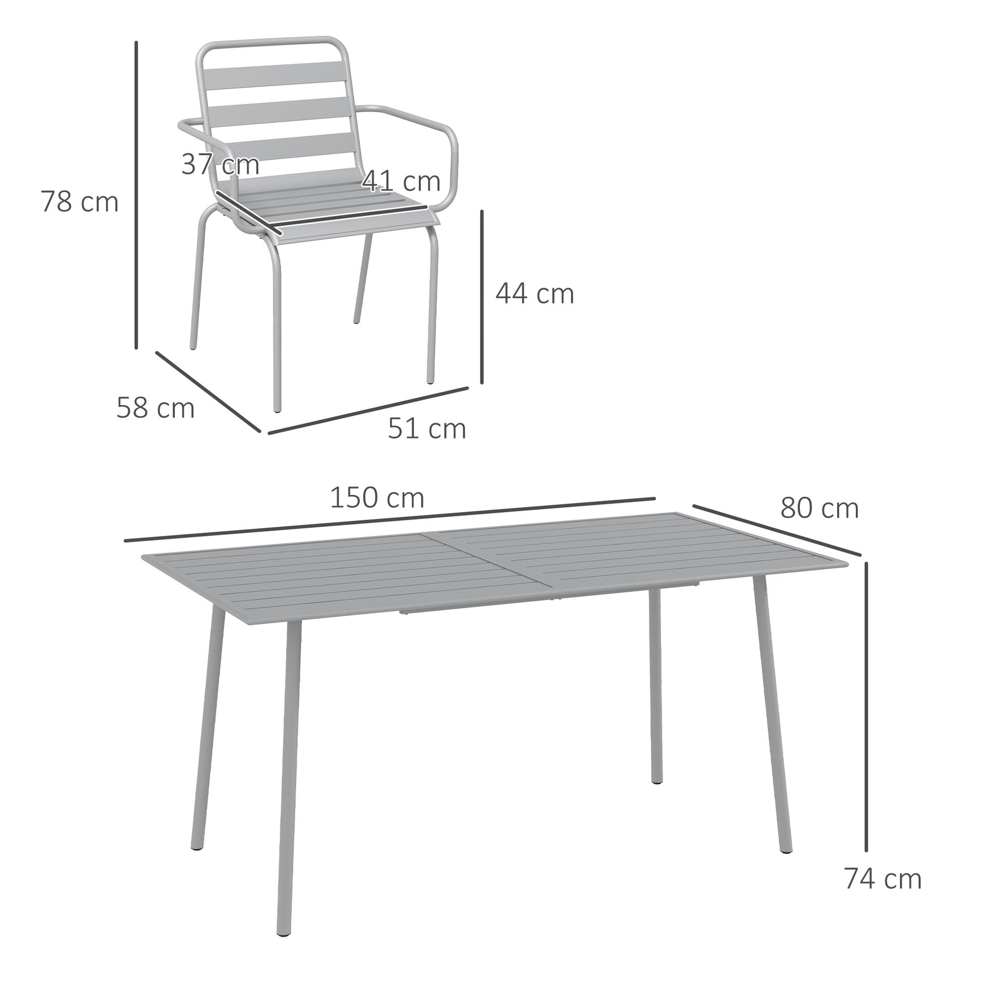 7 Piece Dining Set, Patio Furniture Set with 1 Dining Table, 6 Stackable Chairs, Dining Set Outdoor Furniture Set for Balcony, Terrace, Steel, Light Gray