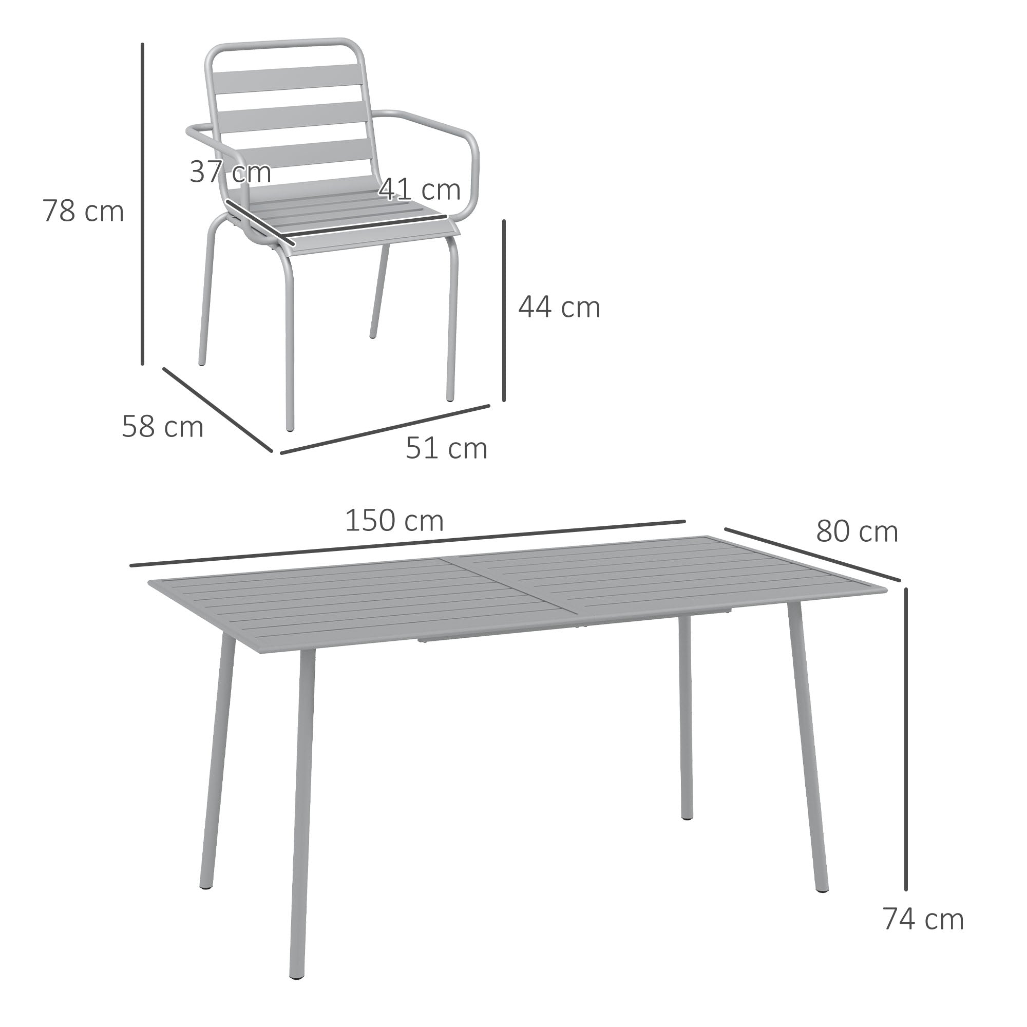 7 Piece Dining Set, Patio Furniture Set with 1 Dining Table, 6 Stackable Chairs, Dining Set Outdoor Furniture Set for Balcony, Terrace, Steel, Light Gray