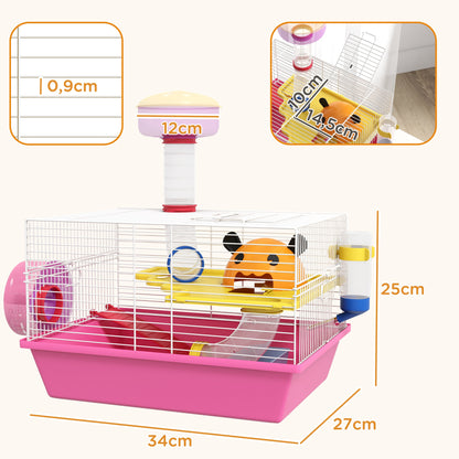 Hamster Cage Small Animal House with Food Bowl Water Bottle Exercise Wheel Observation Tower and Cozy Hut 34x27x25 cm Pink