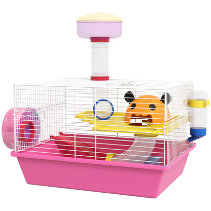 Hamster Cage Small Animal House with Food Bowl Water Bottle Exercise Wheel Observation Tower and Cozy Hut 34x27x25 cm Pink
