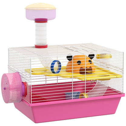Hamster Cage Small Animal House with Food Bowl Water Bottle Exercise Wheel Observation Tower and Cozy Hut 34x27x25 cm Pink