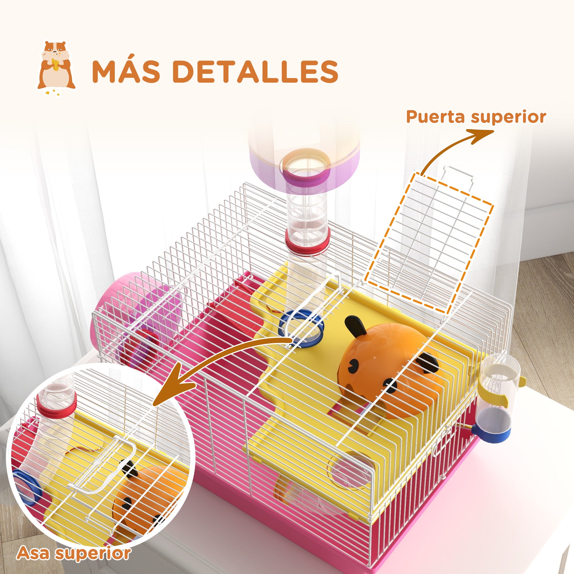 Hamster Cage Small Animal House with Food Bowl Water Bottle Exercise Wheel Observation Tower and Cozy Hut 34x27x25 cm Pink