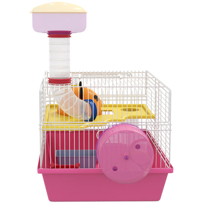 Hamster Cage Small Animal House with Food Bowl Water Bottle Exercise Wheel Observation Tower and Cozy Hut 34x27x25 cm Pink