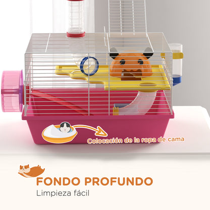Hamster Cage Small Animal House with Food Bowl Water Bottle Exercise Wheel Observation Tower and Cozy Hut 34x27x25 cm Pink