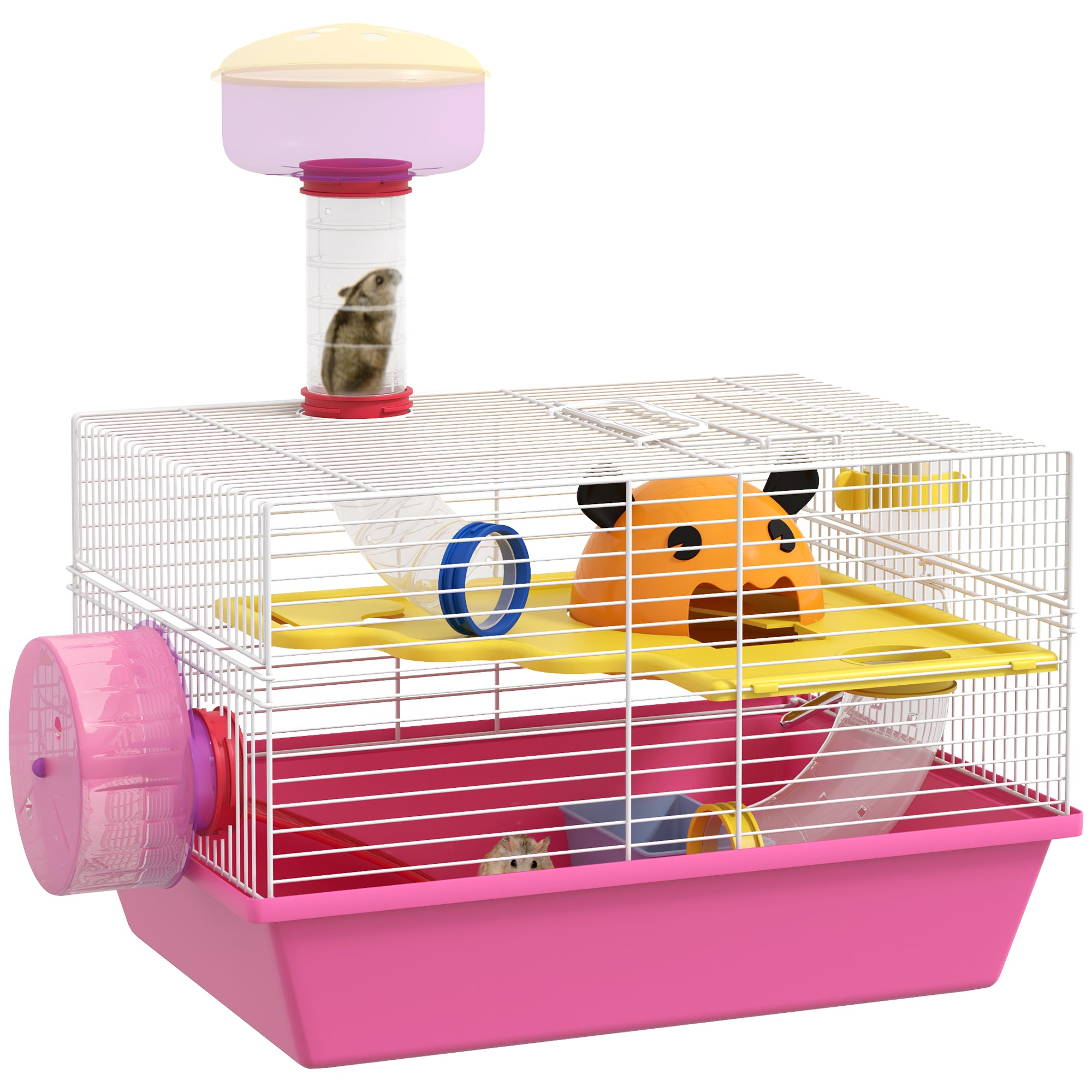Hamster Cage Small Animal House with Food Bowl Water Bottle Exercise Wheel Observation Tower and Cozy Hut 34x27x25 cm Pink