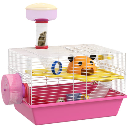 Hamster Cage Small Animal House with Food Bowl Water Bottle Exercise Wheel Observation Tower and Cozy Hut 34x27x25 cm Pink