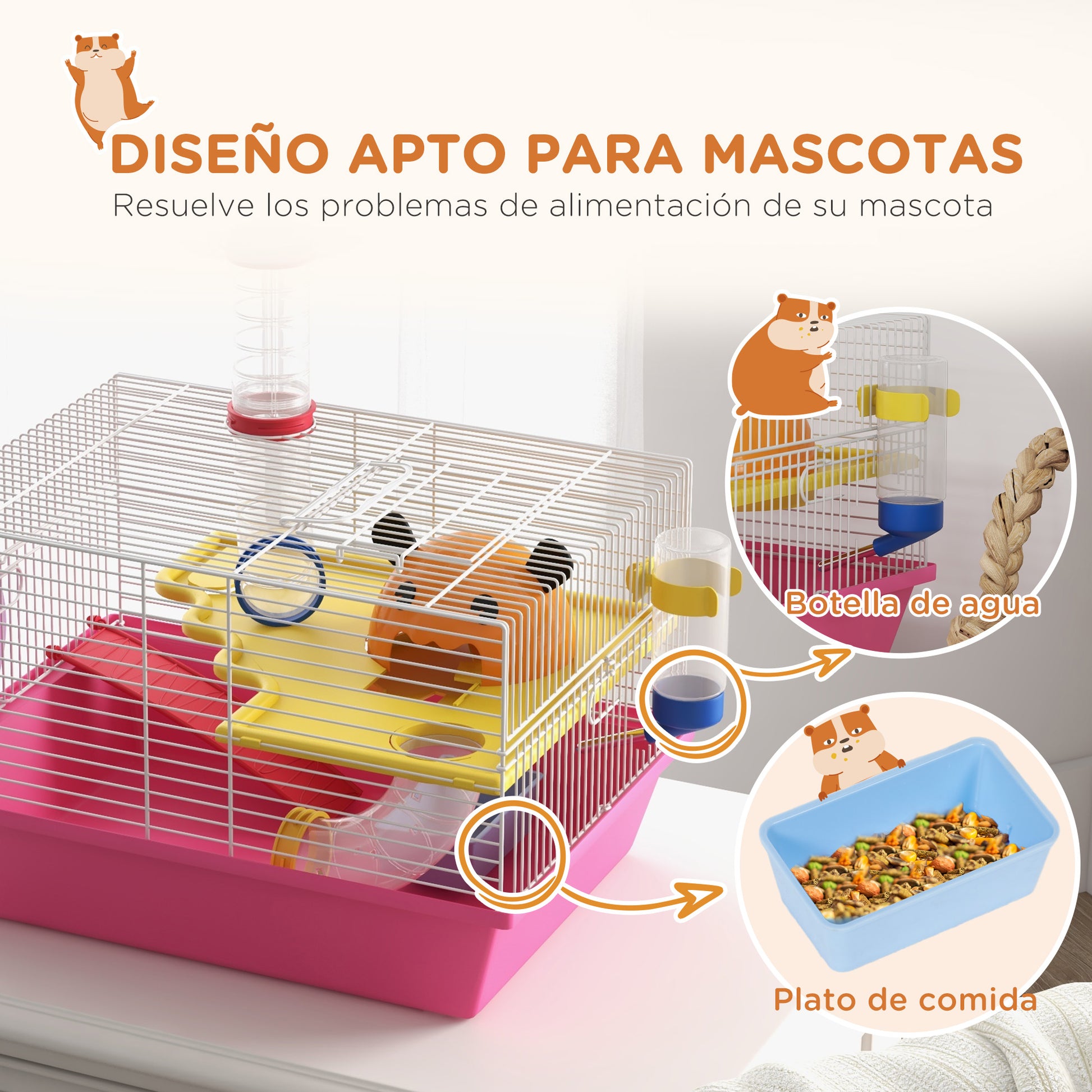 Hamster Cage Small Animal House with Food Bowl Water Bottle Exercise Wheel Observation Tower and Cozy Hut 34x27x25 cm Pink