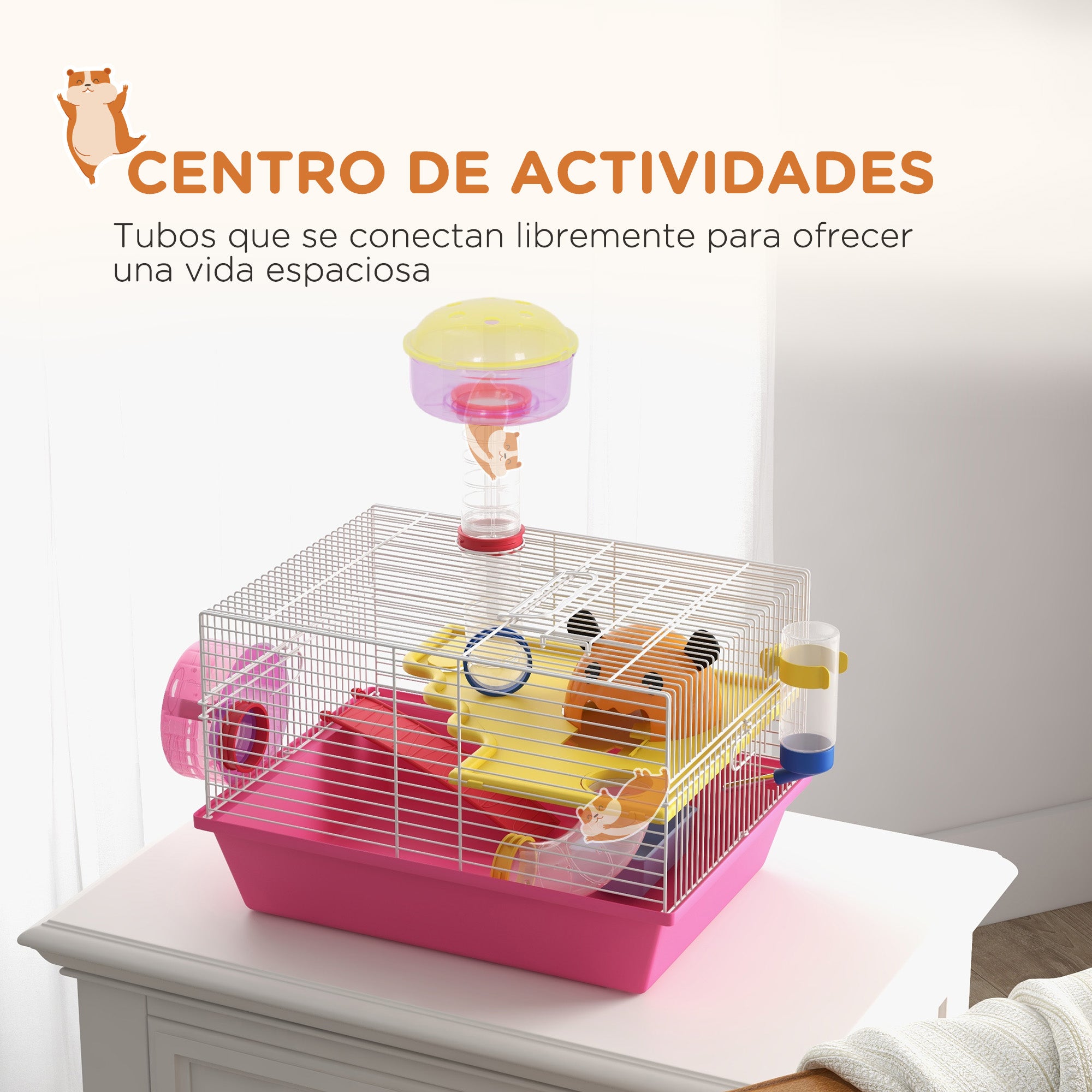 Hamster Cage Small Animal House with Food Bowl Water Bottle Exercise Wheel Observation Tower and Cozy Hut 34x27x25 cm Pink