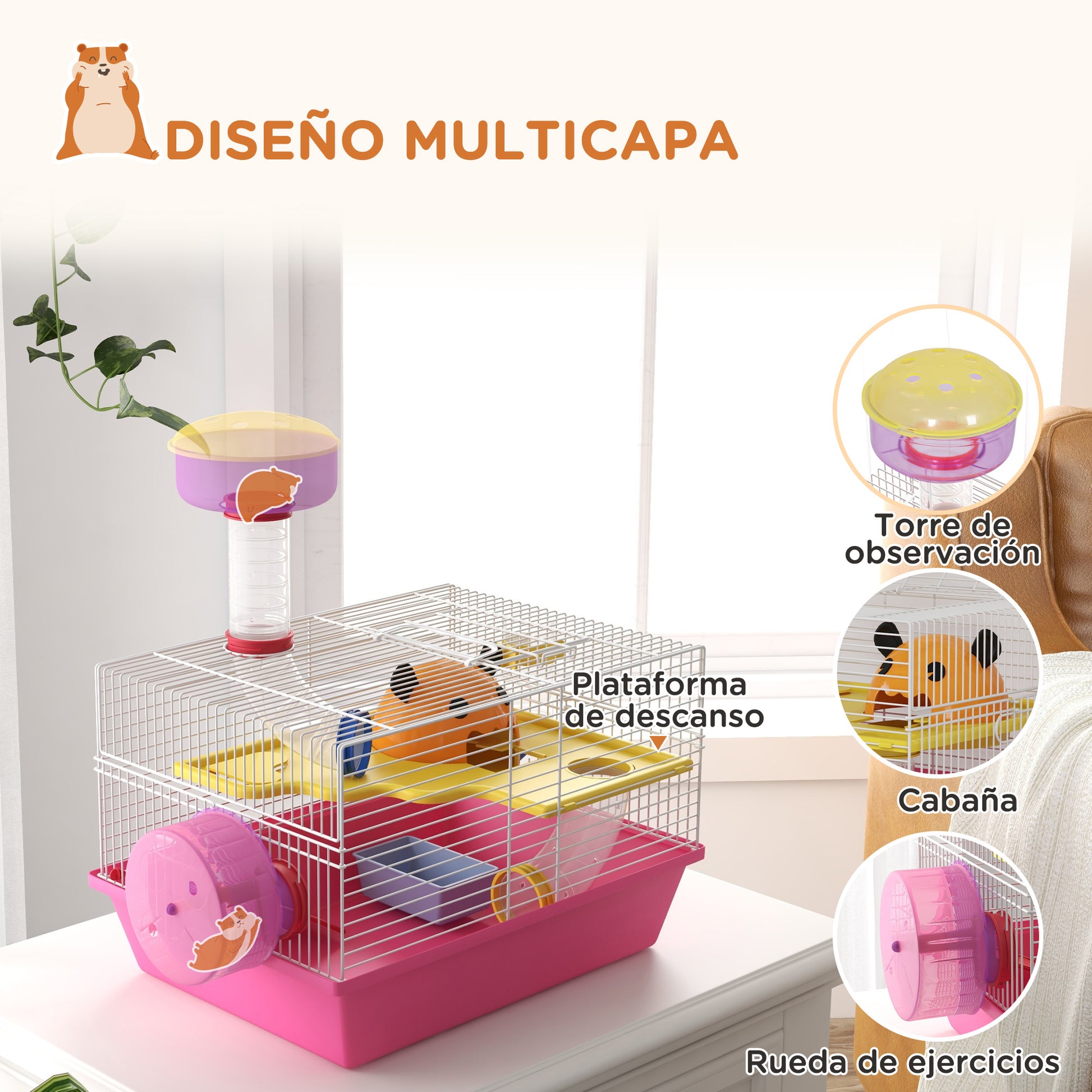 Hamster Cage Small Animal House with Food Bowl Water Bottle Exercise Wheel Observation Tower and Cozy Hut 34x27x25 cm Pink