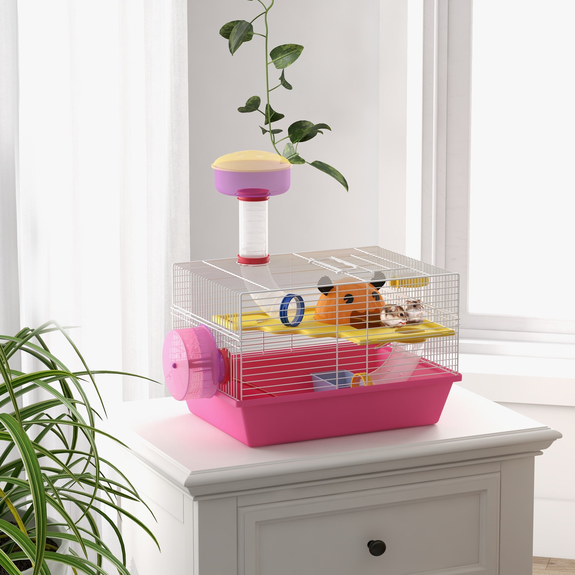 Hamster Cage Small Animal House with Food Bowl Water Bottle Exercise Wheel Observation Tower and Cozy Hut 34x27x25 cm Pink