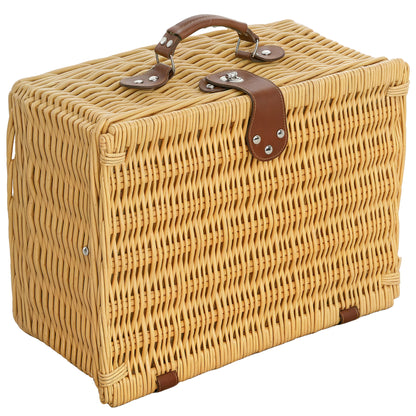 Wicker Picnic Basket for 2 People with Handle, Plates, Glasses, Corkscrew, Napkins and Cutlery, 40x30x20 cm, Light Brown