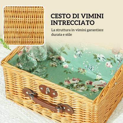 Wicker Picnic Basket for 2 People with Handle, Plates, Glasses, Corkscrew, Napkins and Cutlery, 40x30x20 cm, Light Brown