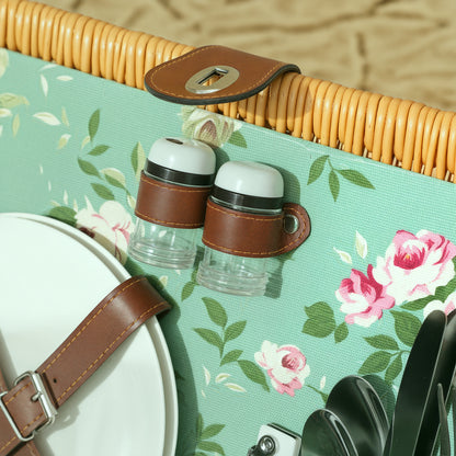 Wicker Picnic Basket for 2 People with Handle, Plates, Glasses, Corkscrew, Napkins and Cutlery, 40x30x20 cm, Light Brown