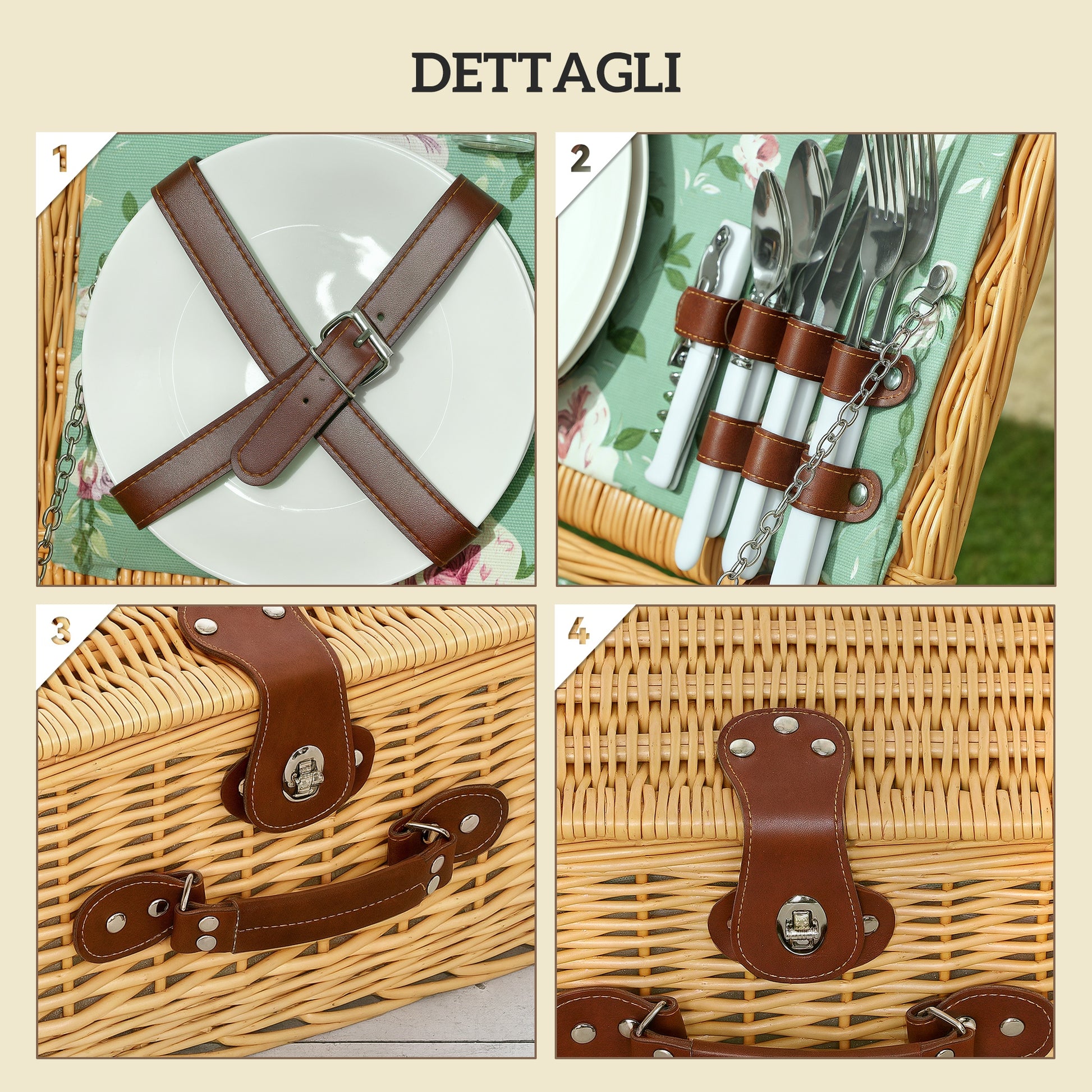 Wicker Picnic Basket for 2 People with Handle, Plates, Glasses, Corkscrew, Napkins and Cutlery, 40x30x20 cm, Light Brown