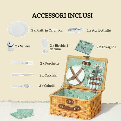 Wicker Picnic Basket for 2 People with Handle, Plates, Glasses, Corkscrew, Napkins and Cutlery, 40x30x20 cm, Light Brown