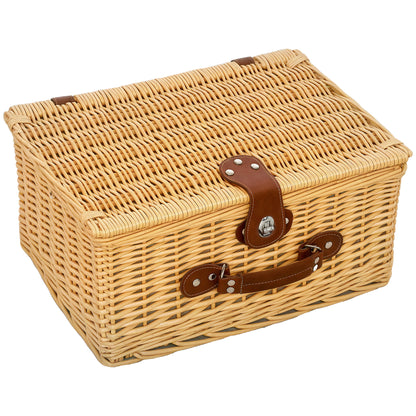 Wicker Picnic Basket for 2 People with Handle, Plates, Glasses, Corkscrew, Napkins and Cutlery, 40x30x20 cm, Light Brown