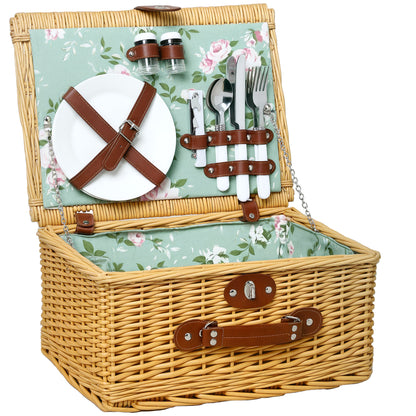 Wicker Picnic Basket for 2 People with Handle, Plates, Glasses, Corkscrew, Napkins and Cutlery, 40x30x20 cm, Light Brown