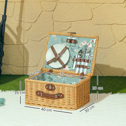 Wicker Picnic Basket for 2 People with Handle, Plates, Glasses, Corkscrew, Napkins and Cutlery, 40x30x20 cm, Light Brown