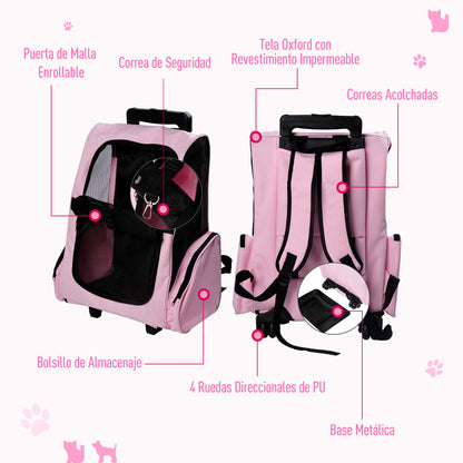 2-in-1 Pet Carrier Backpack or Wheeled Travel Cart for Dog and Cat with Aluminum Retractable Handle and Pockets 16.5x9.8x21.7 inches Pink