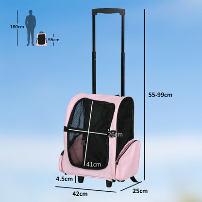 2-in-1 Pet Carrier Backpack or Wheeled Travel Cart for Dog and Cat with Aluminum Retractable Handle and Pockets 16.5x9.8x21.7 inches Pink