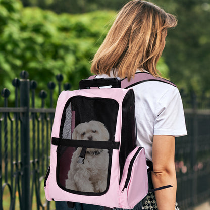2-in-1 Pet Carrier Backpack or Wheeled Travel Cart for Dog and Cat with Aluminum Retractable Handle and Pockets 16.5x9.8x21.7 inches Pink