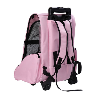2-in-1 Pet Carrier Backpack or Wheeled Travel Cart for Dog and Cat with Aluminum Retractable Handle and Pockets 16.5x9.8x21.7 inches Pink