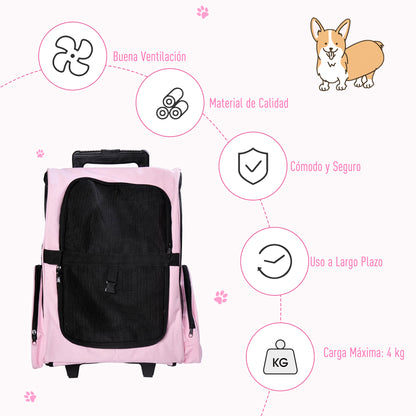 2-in-1 Pet Carrier Backpack or Wheeled Travel Cart for Dog and Cat with Aluminum Retractable Handle and Pockets 16.5x9.8x21.7 inches Pink