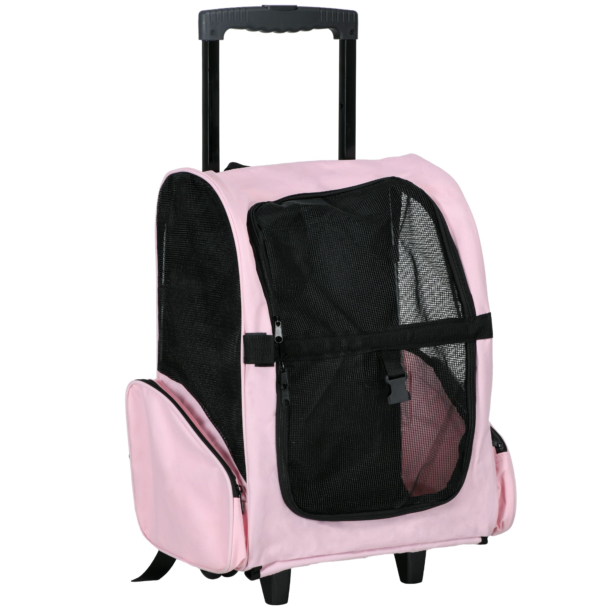 2-in-1 Pet Carrier Backpack or Wheeled Travel Cart for Dog and Cat with Aluminum Retractable Handle and Pockets 16.5x9.8x21.7 inches Pink