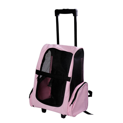 2-in-1 Pet Carrier Backpack or Wheeled Travel Cart for Dog and Cat with Aluminum Retractable Handle and Pockets 16.5x9.8x21.7 inches Pink