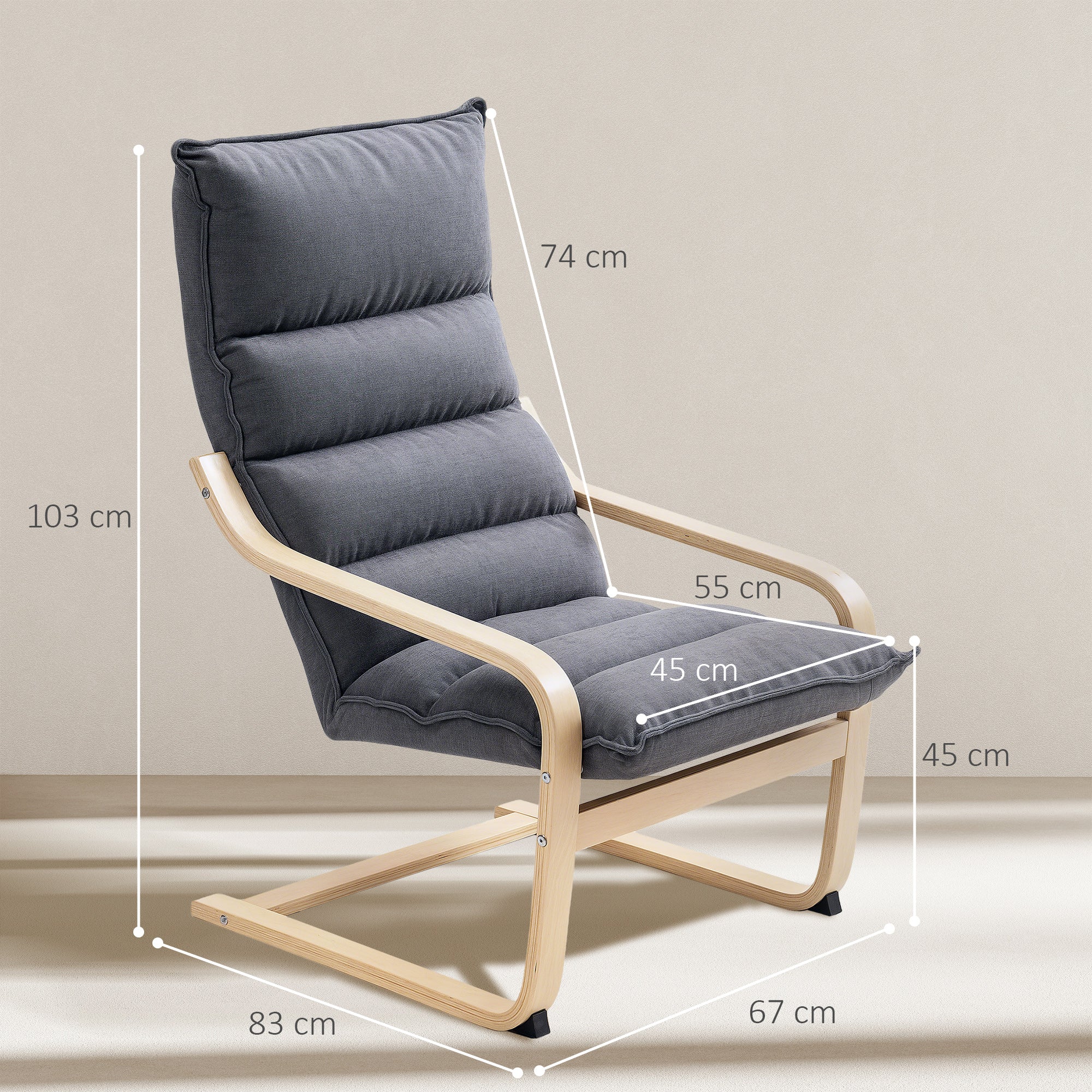 Modern Lounge Chair with High Backrest, Armrests, Wooden Legs, Velvet Upholstery for Bedroom, Living Room Gray