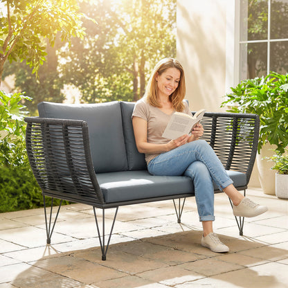 2-Seater Garden Sofa with Cushions – Outdoor/Balcony Rattan Sofa, 123 x 67 x 72 cm, Light Gray