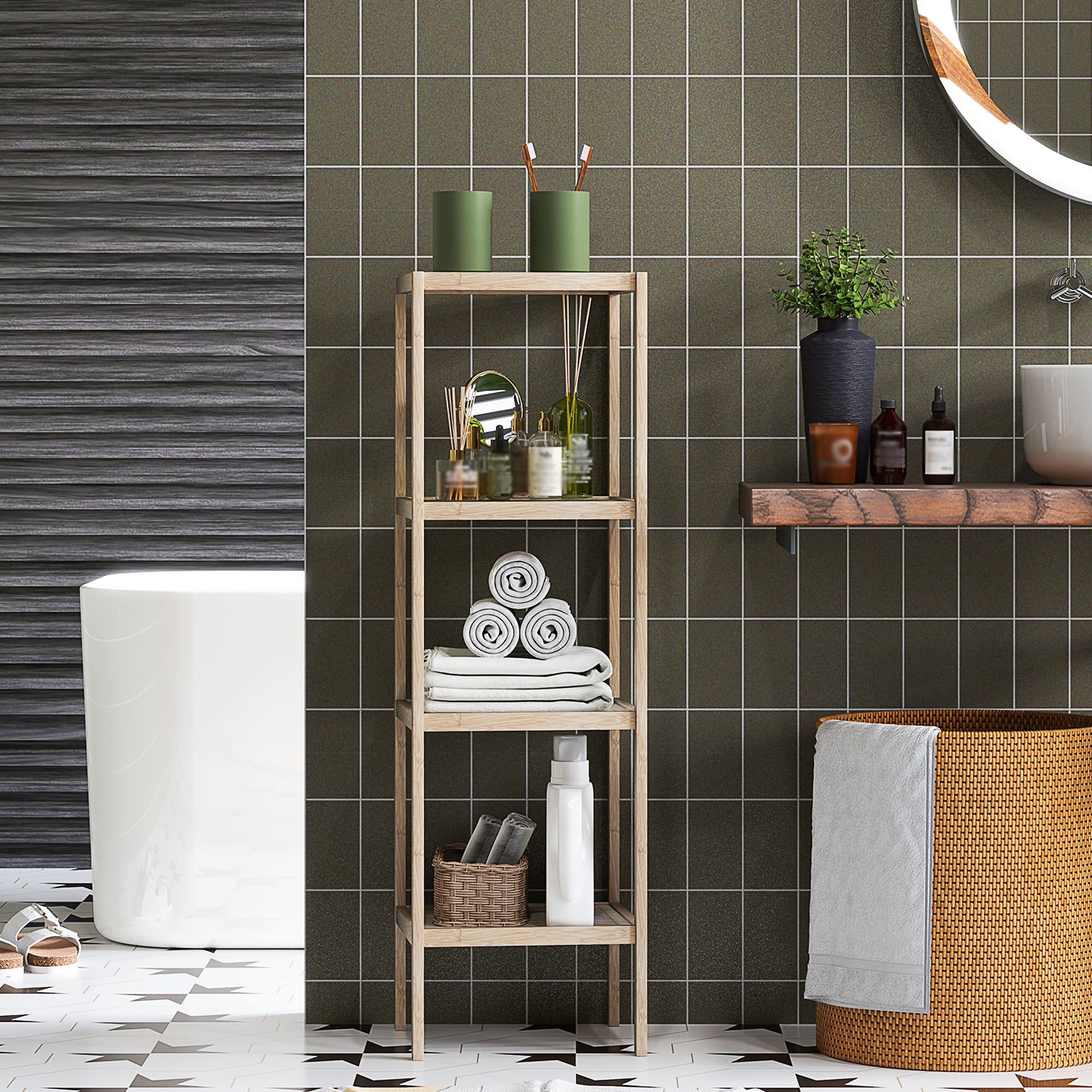 Bathroom Shelf Storage, Bamboo 4-Tier Bathroom Furniture, Storage Shelf, dim. 33 x 31 x 110 cm, natural