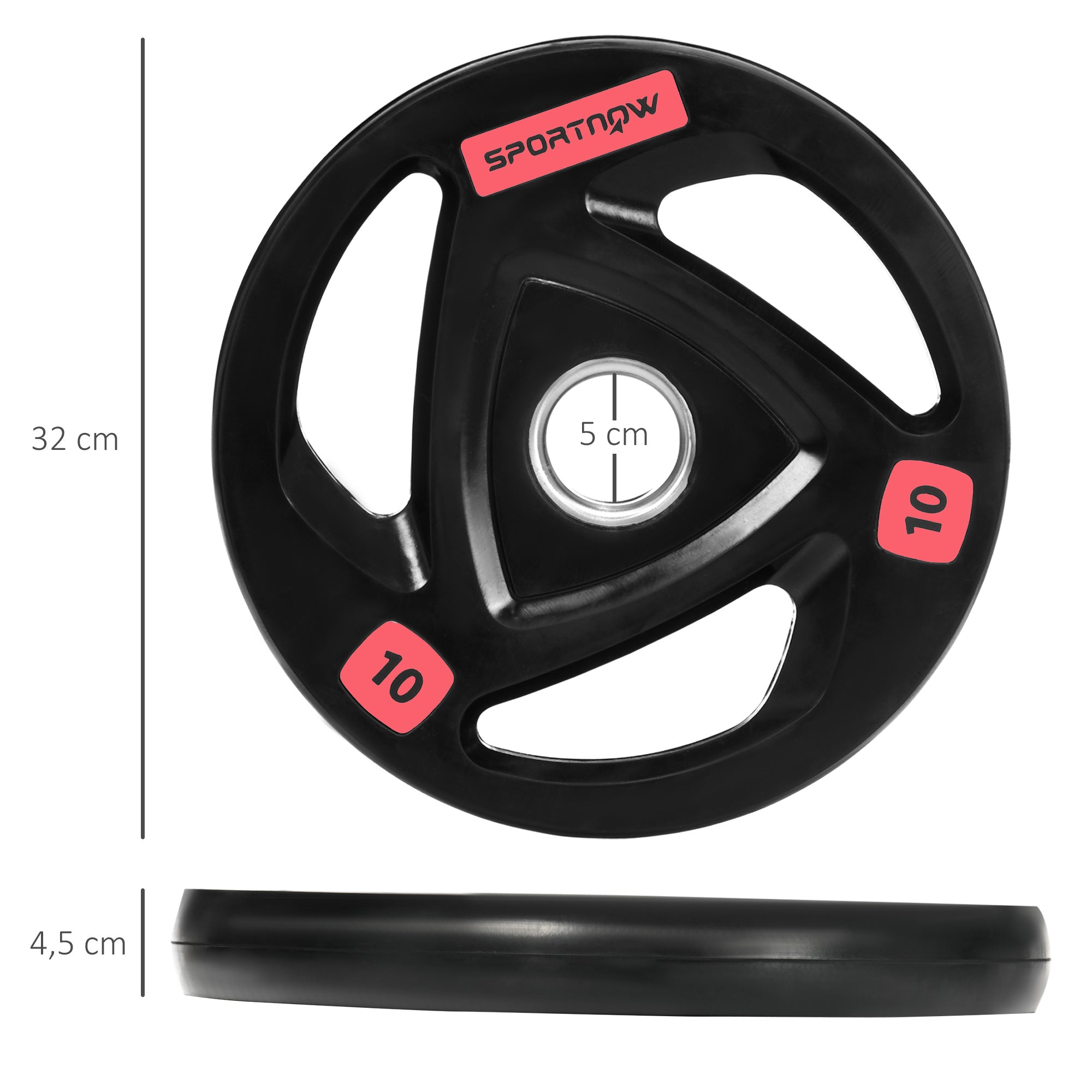 SPORTNOW Set of 2 Cast Iron Weight Plates Ø32x4.5 cm 10 kg Rubber Coated Weight Plates with 5 cm Hole for Barbell or Dumbbells Fitness in Home Gym Black