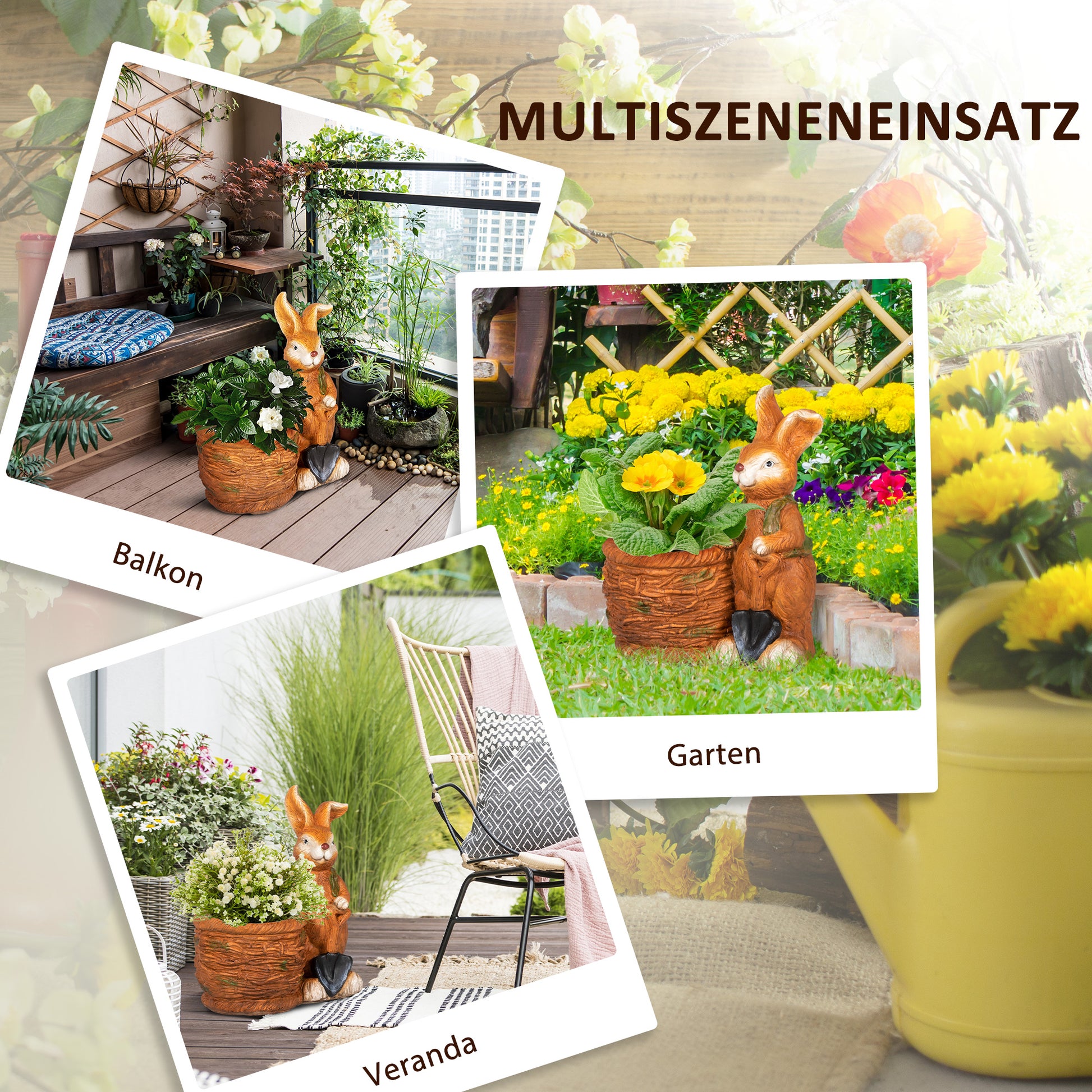 Flower Pot, Plant Pot, with 'Rabbit with Willow Basket' Design, Herb Pot with Drainage Hole, Planter for Garden, Living Room, MgO