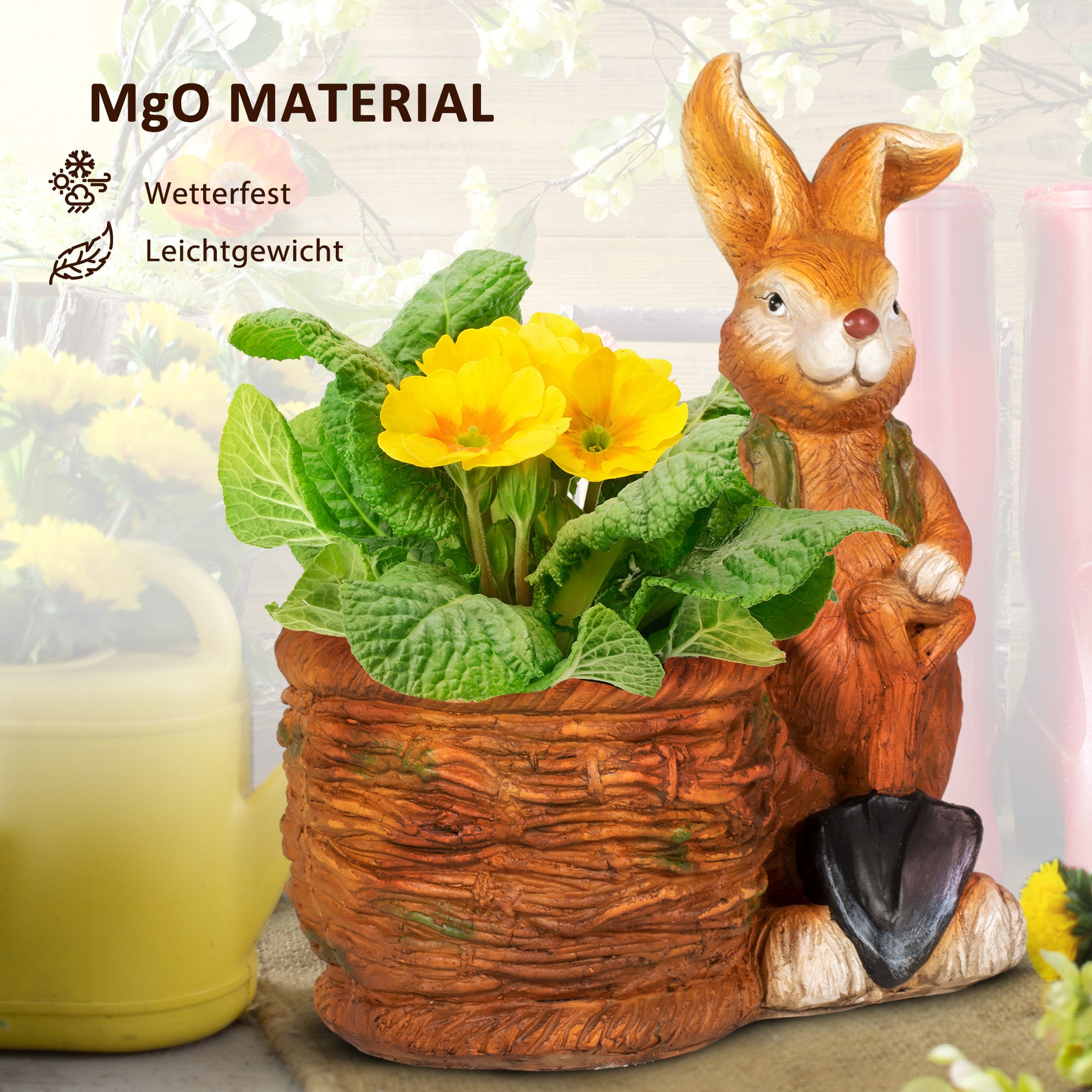 Flower Pot, Plant Pot, with 'Rabbit with Willow Basket' Design, Herb Pot with Drainage Hole, Planter for Garden, Living Room, MgO