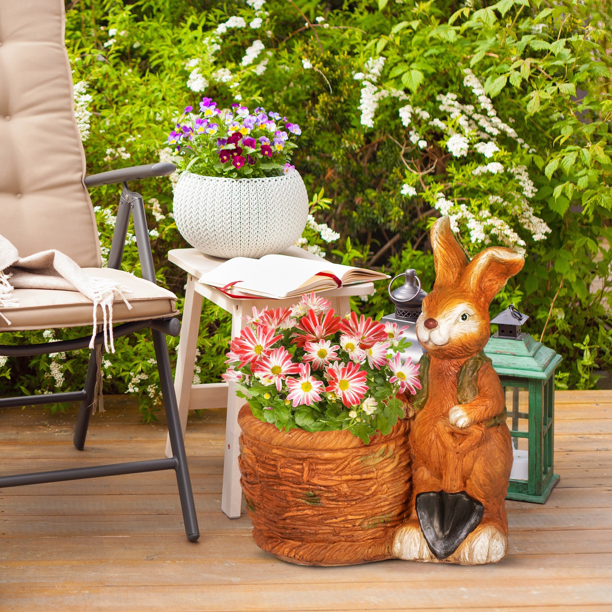 Flower Pot, Plant Pot, with 'Rabbit with Willow Basket' Design, Herb Pot with Drainage Hole, Planter for Garden, Living Room, MgO