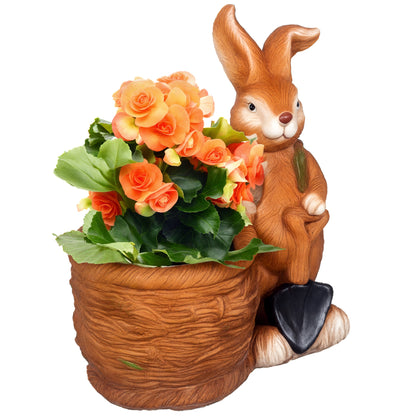 Flower Pot, Plant Pot, with 'Rabbit with Willow Basket' Design, Herb Pot with Drainage Hole, Planter for Garden, Living Room, MgO