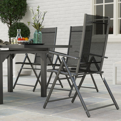 7-Piece Outdoor Table and Chairs Set, Dining Set with Extendable Glass Table Top, 6 Foldable Outdoor Chairs with Armrests, Steel and Textilene Furniture Set, Gray