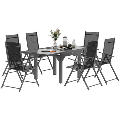 7-Piece Outdoor Table and Chairs Set, Dining Set with Extendable Glass Table Top, 6 Foldable Outdoor Chairs with Armrests, Steel and Textilene Furniture Set, Gray