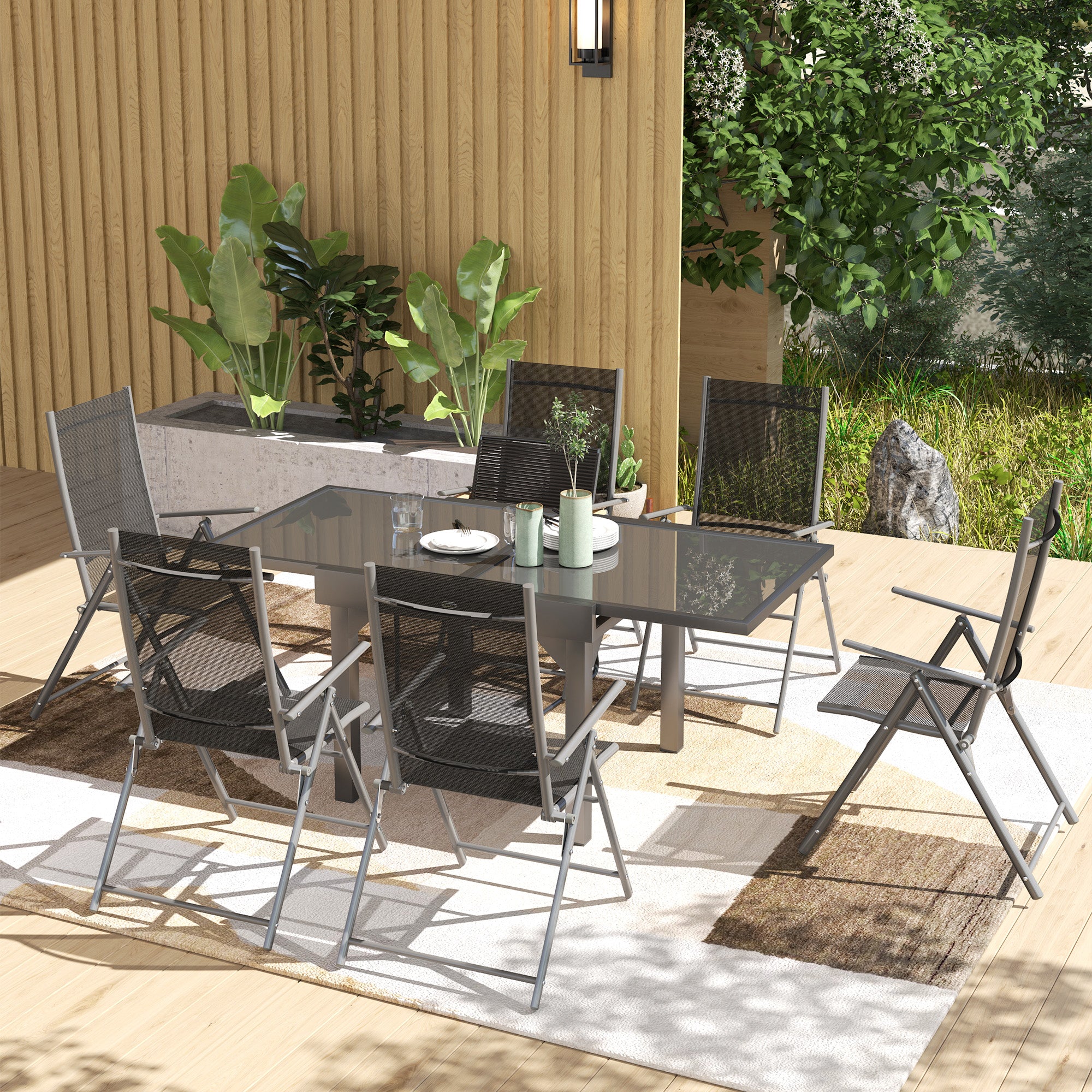 7-Piece Outdoor Table and Chairs Set, Dining Set with Extendable Glass Table Top, 6 Foldable Outdoor Chairs with Armrests, Steel and Textilene Furniture Set, Gray