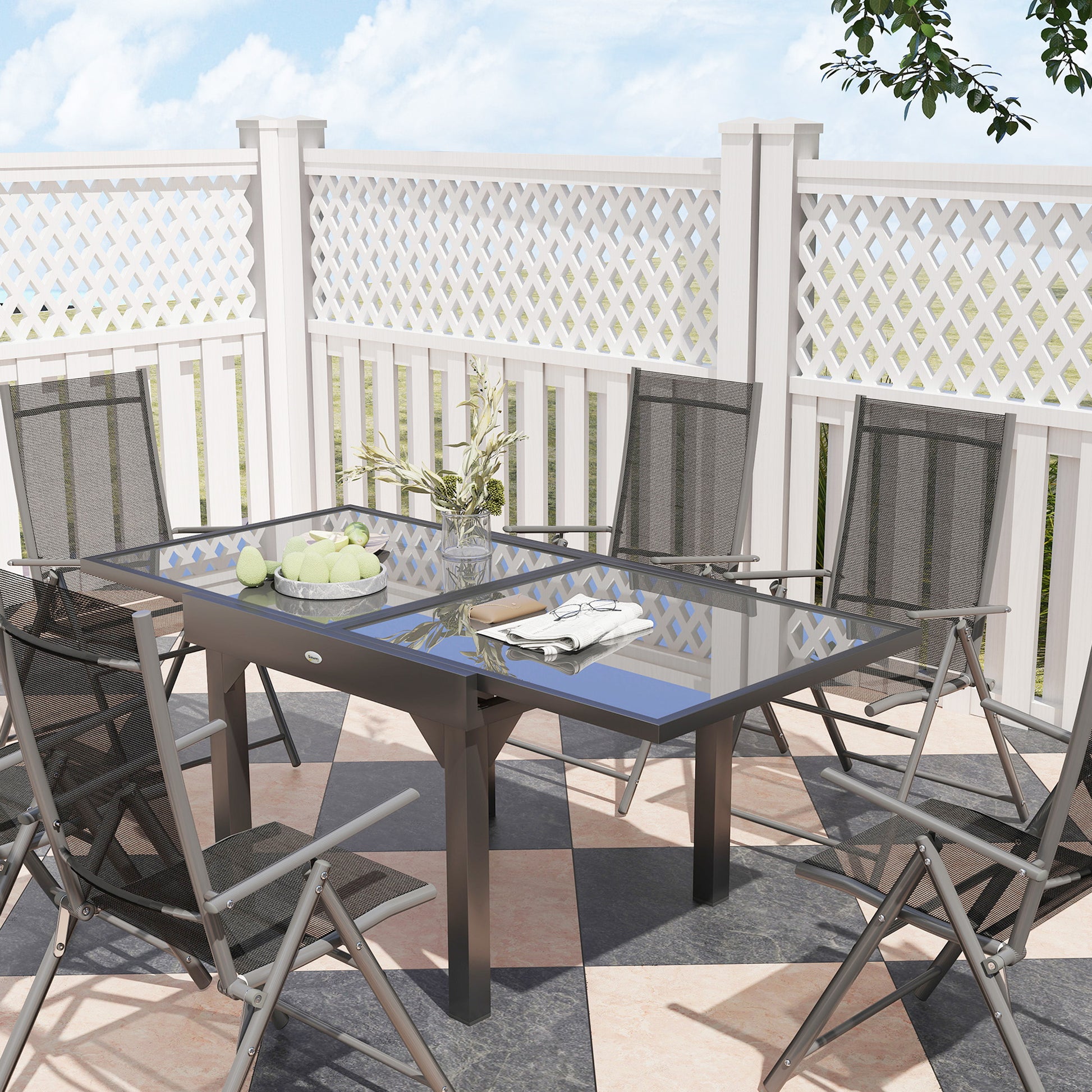 7-Piece Outdoor Table and Chairs Set, Dining Set with Extendable Glass Table Top, 6 Foldable Outdoor Chairs with Armrests, Steel and Textilene Furniture Set, Gray