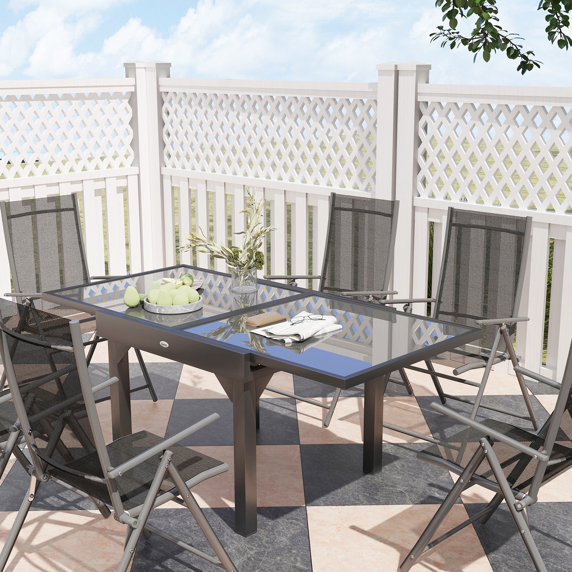 7-Piece Outdoor Table and Chairs Set, Dining Set with Extendable Glass Table Top, 6 Foldable Outdoor Chairs with Armrests, Steel and Textilene Furniture Set, Gray