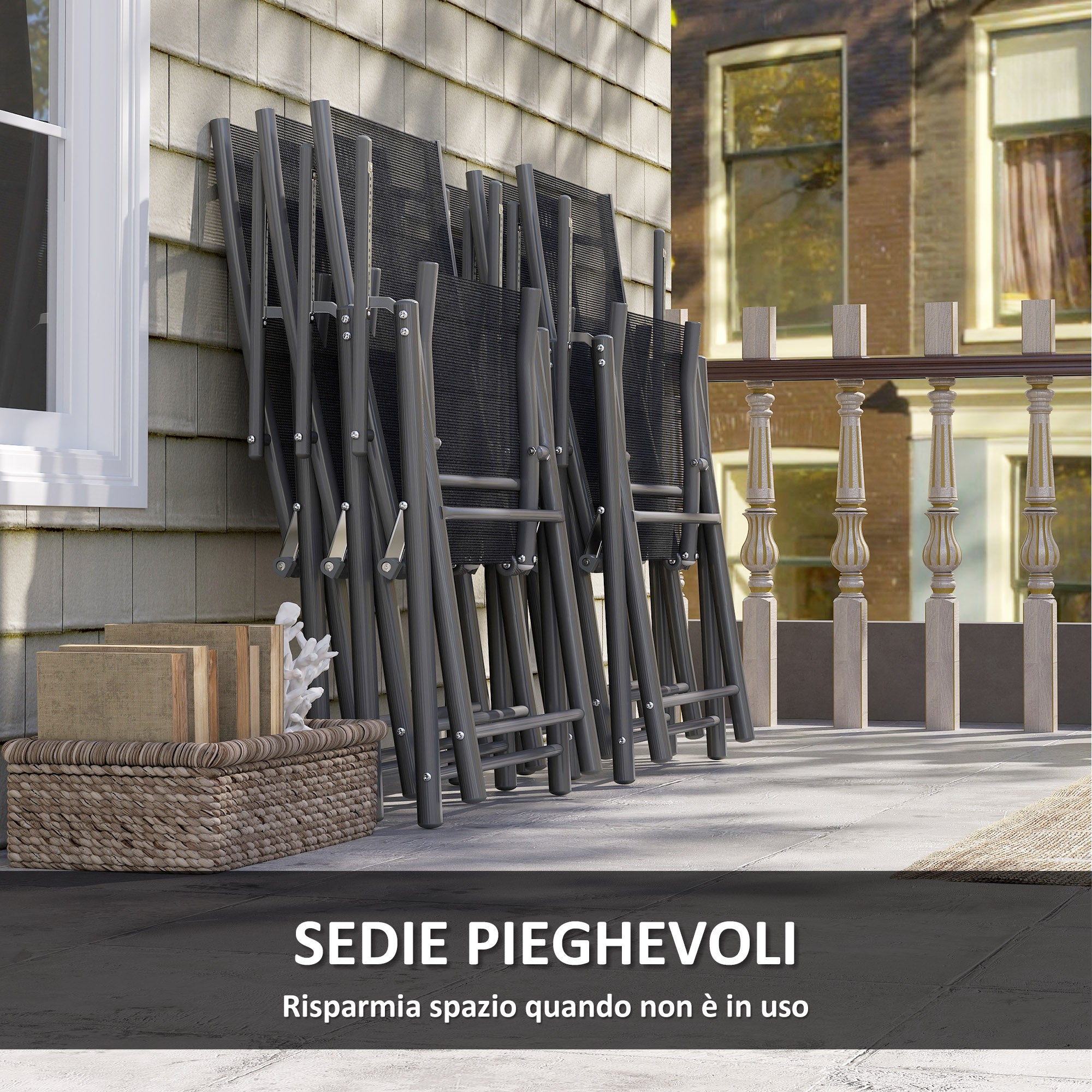 7-Piece Outdoor Table and Chairs Set, Dining Set with Extendable Glass Table Top, 6 Foldable Outdoor Chairs with Armrests, Steel and Textilene Furniture Set, Gray